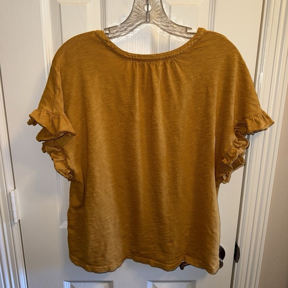 READ Pilcro Anthropologie Mustard Ruffle Sleeve Boho Slub Knit Top Medium - Picture 4 of 5